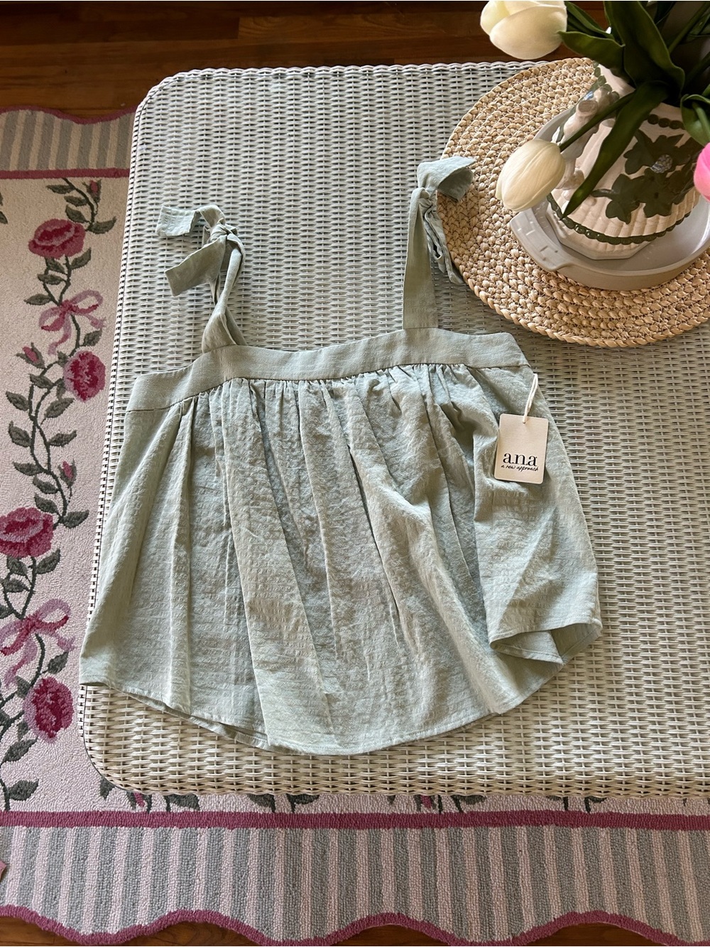 NWT a.n.a Sage Green Tie-Strap Smocked Bodice Camisole Medium